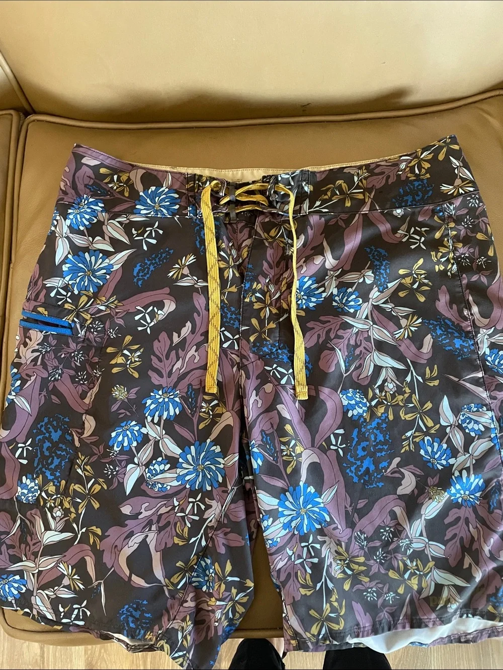 Patagonia Floral Swim Board Shorts in Black, Blue, Purple with Yellow Drawstring